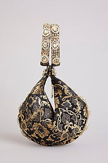 Black Brocade Polki & Sequins Embellished Clutch
