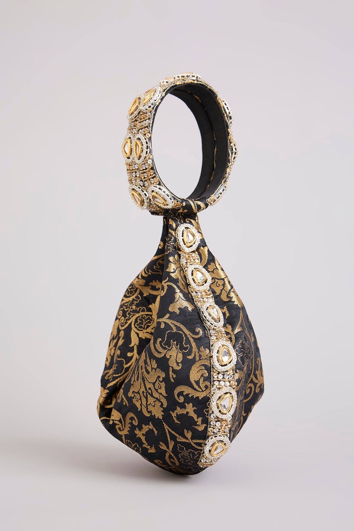 Black Brocade Polki & Sequins Embellished Clutch