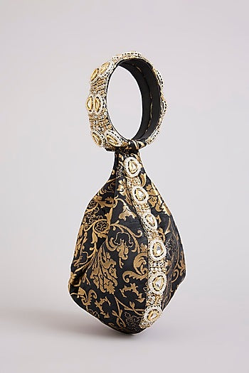 Black Brocade Polki & Sequins Embellished Clutch