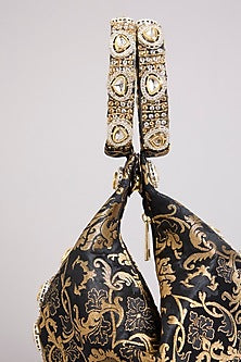 Black Brocade Polki & Sequins Embellished Clutch