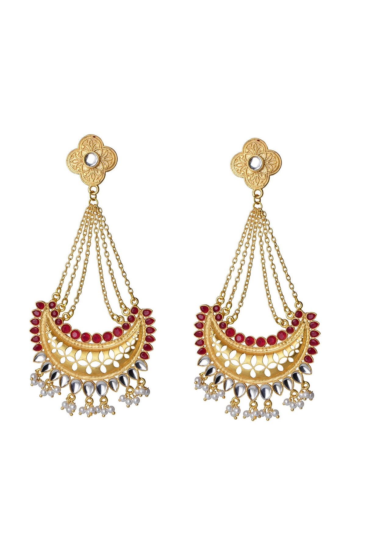Gold Finish Red Polki Jhumka Earrings