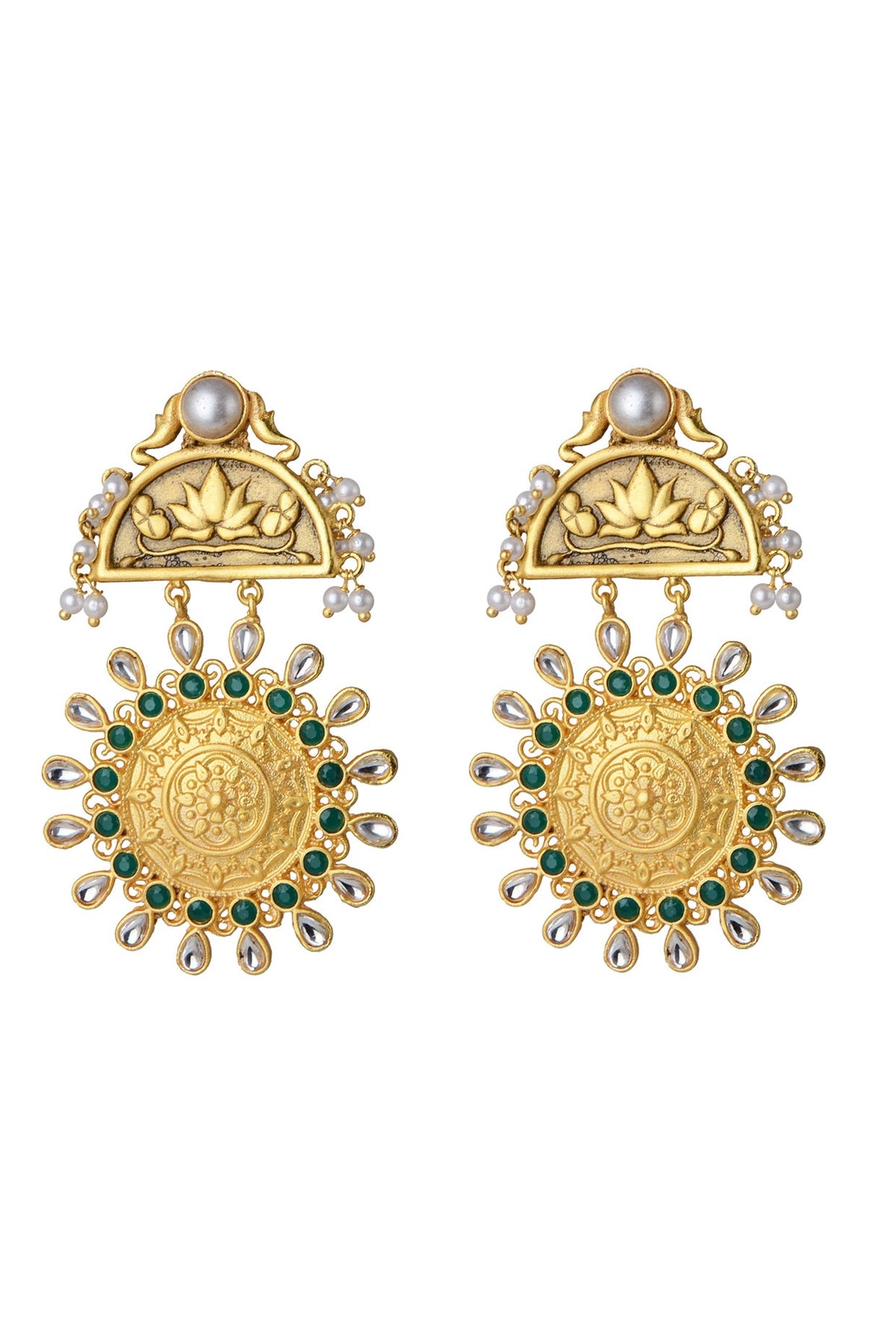 Gold Finish Green & White Stone Earrings