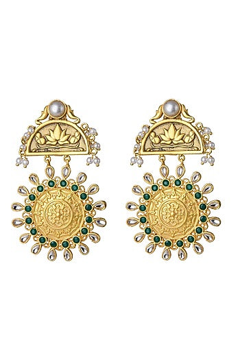 Gold Finish Green & White Stone Earrings