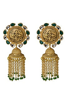 Gold Finish Stone Earrings With Tassels