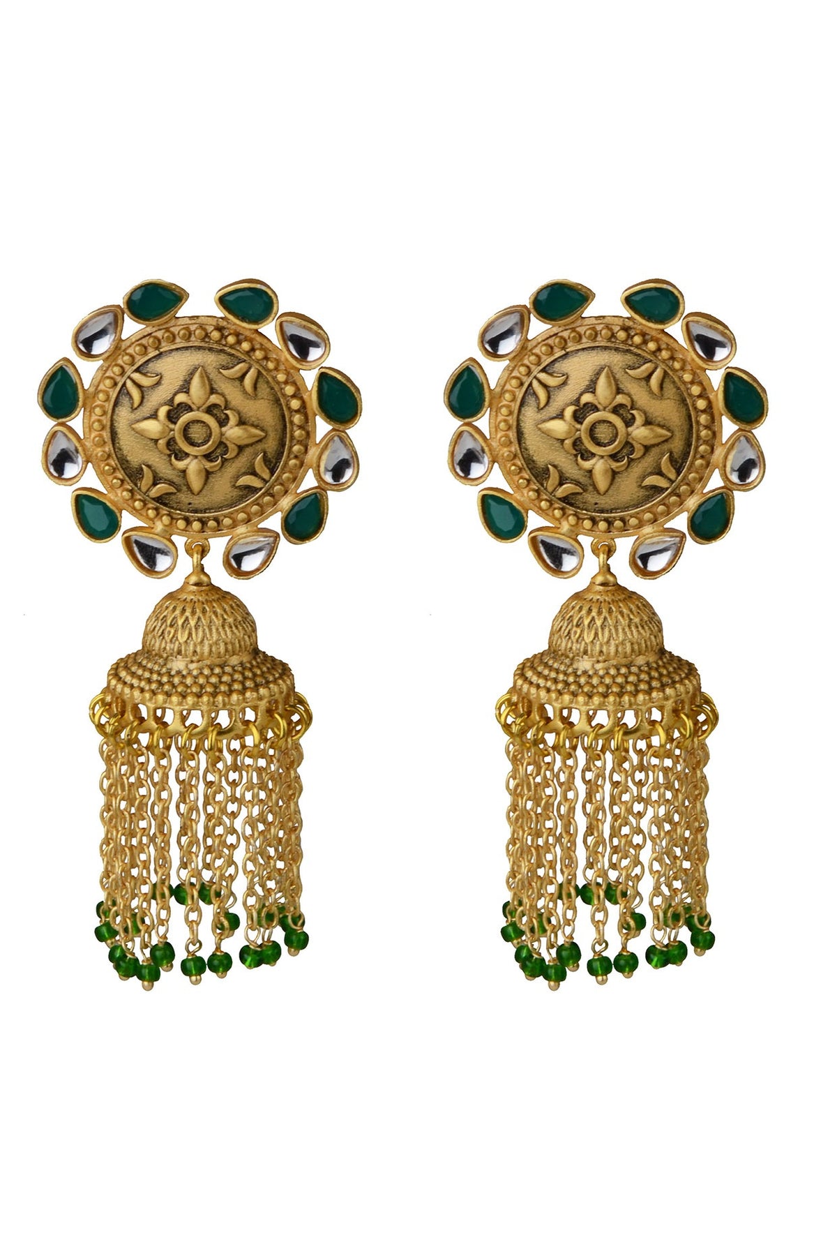 Gold Finish Stone Earrings With Tassels