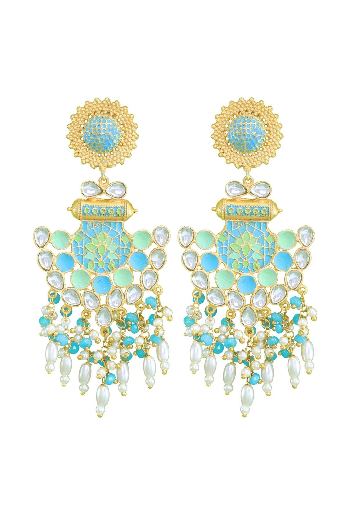 Matte Gold Finish Enamelled Pearl Jhumka Earrings