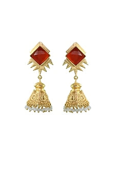 Gold Finish Stone Brass Jhumka Earrings