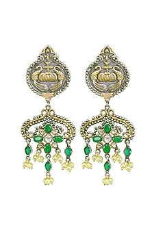 Gold Finish Green Stone & Pearl Earrings