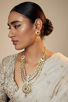 Gold Finish Jadau Kundan Polki Long Necklace Set