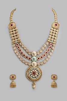 Gold Finish Jadau Kundan Polki Long Necklace Set