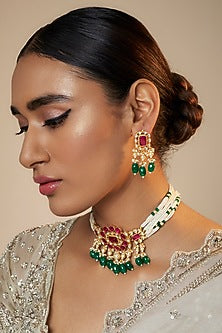 Gold Finish Jadau Kundan Polki Choker Necklace Set