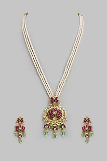 Gold Finish Kundan Polki Long Necklace Set