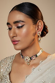 Gold Finish Jadau Kundan Polki Choker Necklace Set