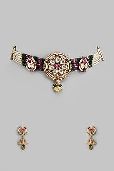 Gold Finish Jadau Kundan Polki Choker Necklace Set