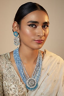 Black Rhodium Finish Kundan Polki & Synthetic Stone Long Necklace Set