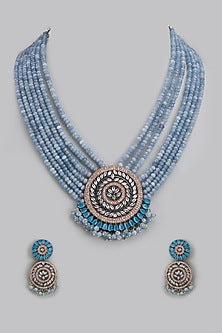 Black Rhodium Finish Kundan Polki & Synthetic Stone Long Necklace Set