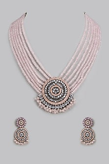 Black Rhodium Finish Kundan Polki & Synthetic Stone Long Necklace Set
