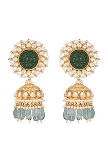 Gold Finish Kundan & Green Stone Jhumka Earrings