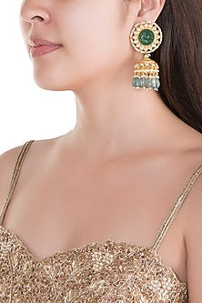 Gold Finish Kundan & Green Stone Jhumka Earrings