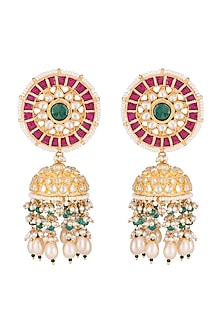 Gold Finish White & Green Kundan Jhumka Earrings