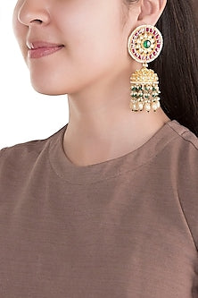 Gold Finish White & Green Kundan Jhumka Earrings