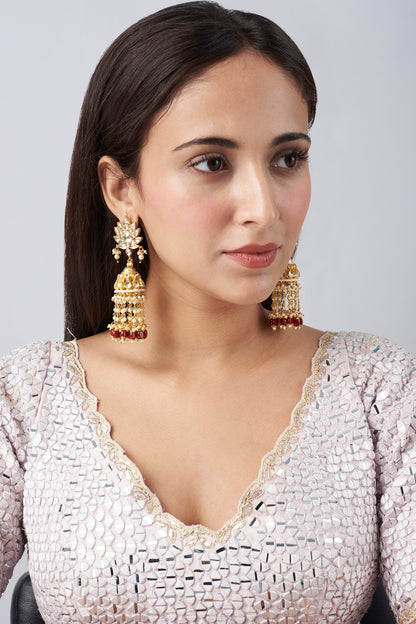 Gold Finish Kundan Polki Jhumka Earrings