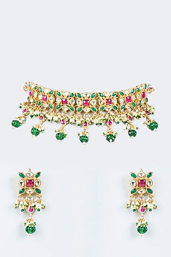 Gold Plated Choker Necklace Set With Pearl Drops