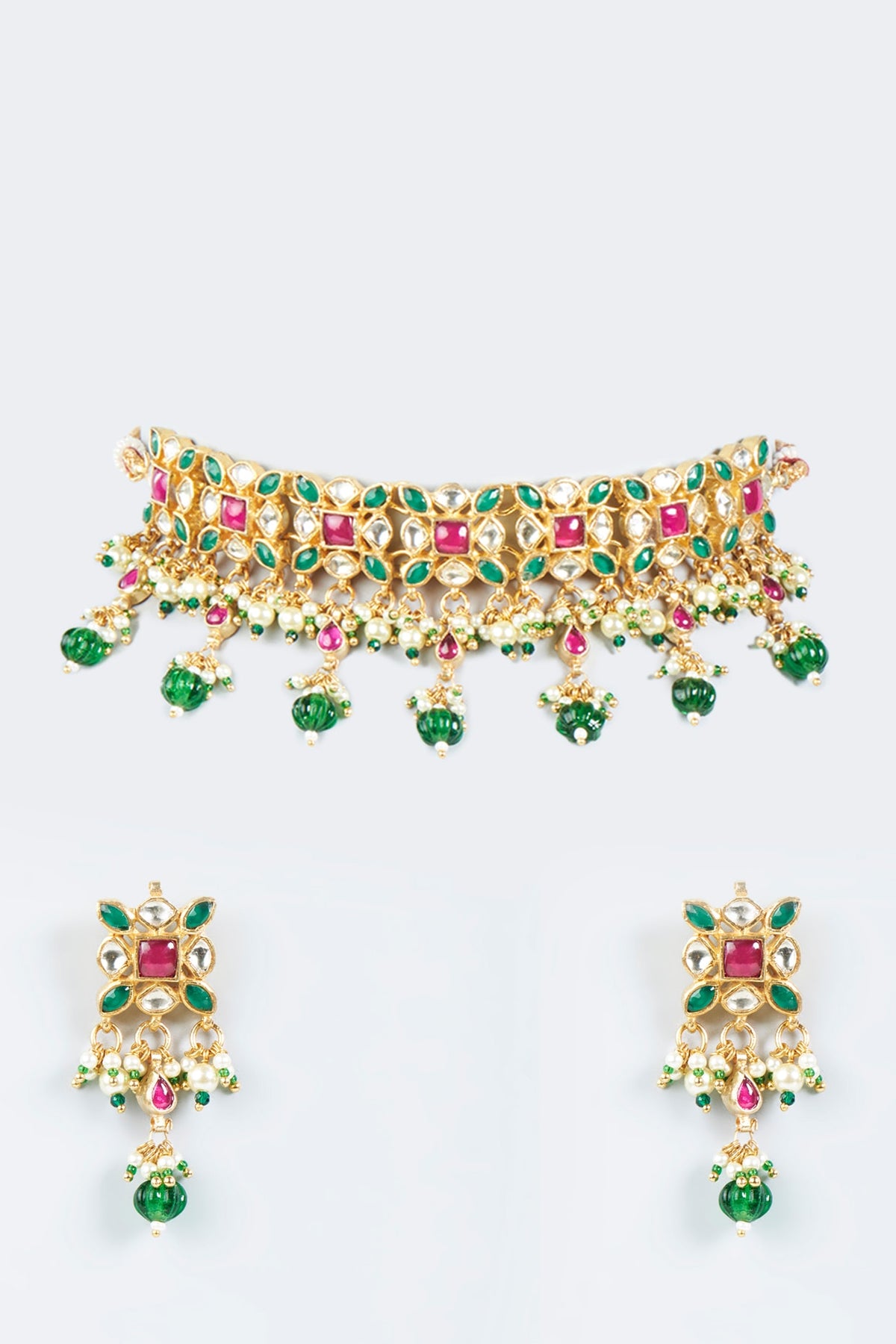 Gold Plated Choker Necklace Set With Pearl Drops