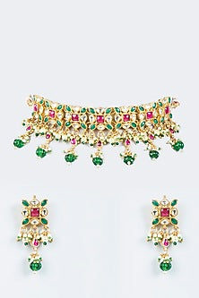 Gold Plated Choker Necklace Set With Pearl Drops