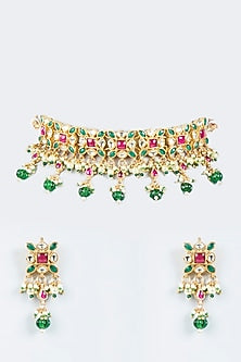 Gold Plated Choker Necklace Set With Pearl Drops