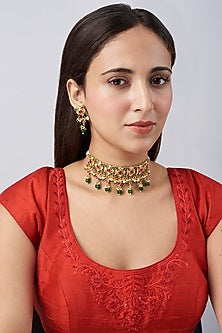 Gold Plated Choker Necklace Set With Pearl Drops