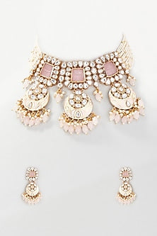 Gold Finish Kundan Polki Enameled Choker Necklace Set