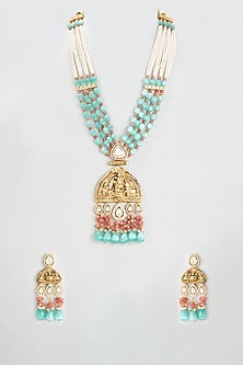 Gold Finish Kundan Polki Long Temple Necklace Set