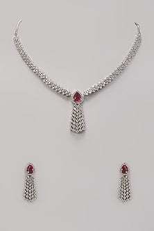 White Finish Zircon & Ruby Stone Necklace Set