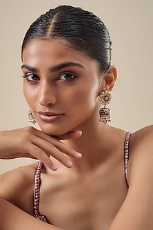Gold Finish Kundan Polki & Pearl Drop Enameled Jhumka Earrings