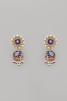 Gold Finish Kundan Polki & Pearl Drop Enameled Jhumka Earrings