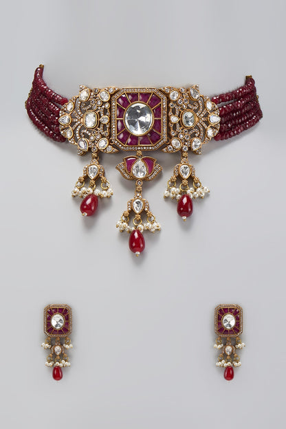 Gold Finish Kundan Polki & Mother Of Pearl Choker Necklace Set