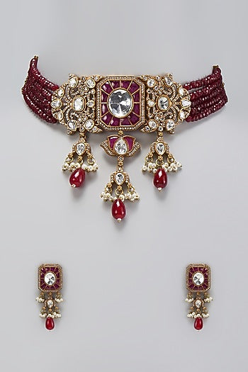 Gold Finish Kundan Polki & Mother Of Pearl Choker Necklace Set