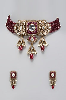 Gold Finish Kundan Polki & Mother Of Pearl Choker Necklace Set