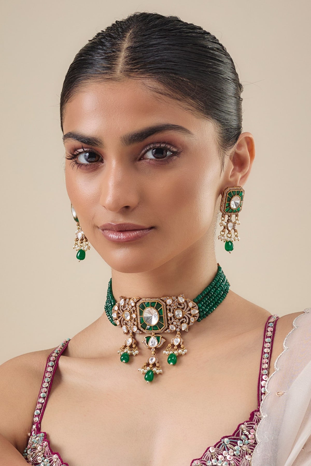 Gold Finish Kundan Polki & Mother Of Pearl Choker Necklace Set