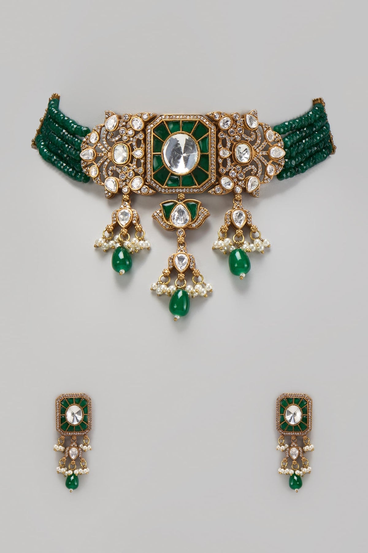 Gold Finish Kundan Polki & Mother Of Pearl Choker Necklace Set
