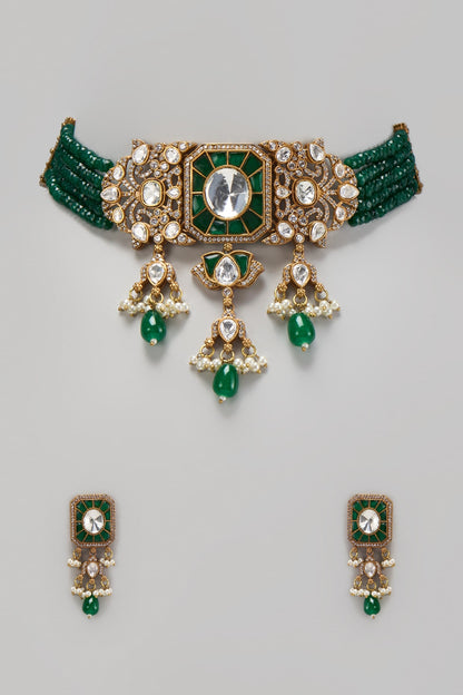 Gold Finish Kundan Polki & Mother Of Pearl Choker Necklace Set