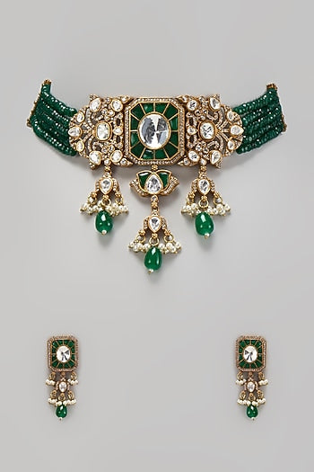 Gold Finish Kundan Polki & Mother Of Pearl Choker Necklace Set