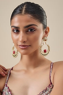 Gold Finish Kundan Polki & Pearl Beaded Chandbali Earrings