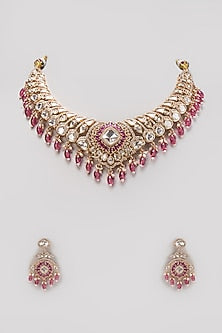 Gold Finish Kundan Polki & Pink Hanging Pearl Necklace Set