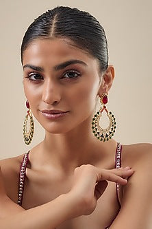 Gold Finish Green Enameled Chandbali Earrings