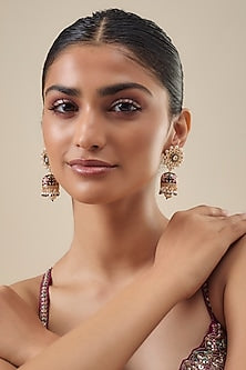 Gold Finish Jadtar Stone & Pearl Enameled Jhumka Earrings