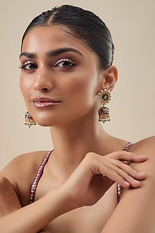 Gold Finish Jadtar Stone & Pearl Enameled Jhumka Earrings