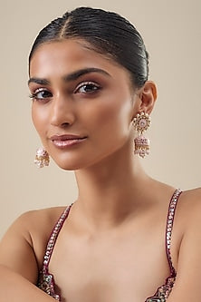 Gold Finish Jadtar Stone & Pearl Enameled Jhumka Earrings