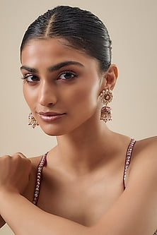 Gold Finish Jadtar Stone & Pearl Enameled Jhumka Earrings